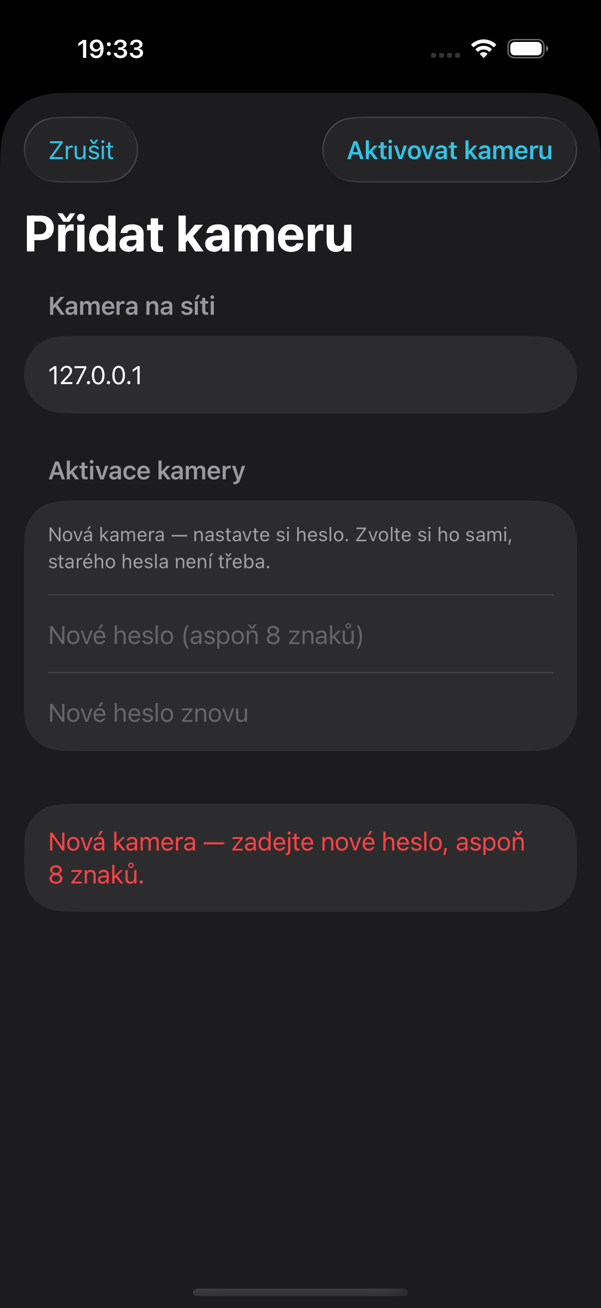 iPhone – formulář aktivace nové kamery